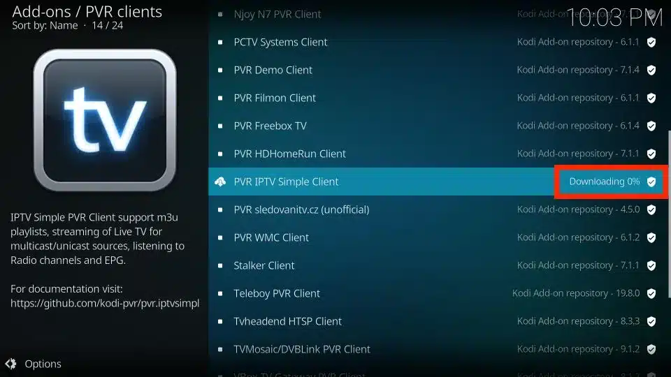 downloading PVR iptv simple client