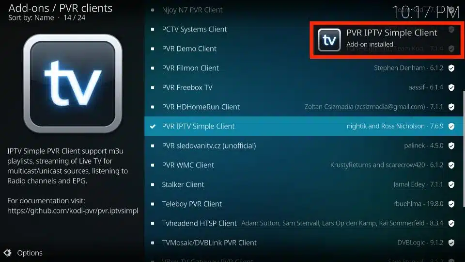 PVR iptv simple client addon installed