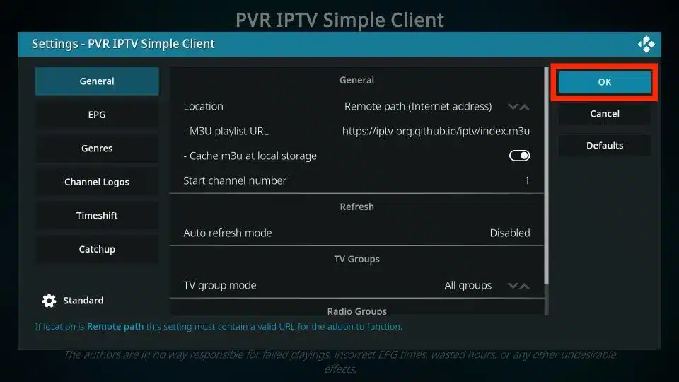 PVR iptv simple client settings