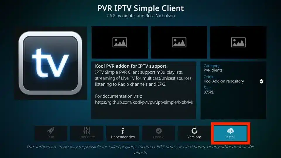 install PVR iptv simple client